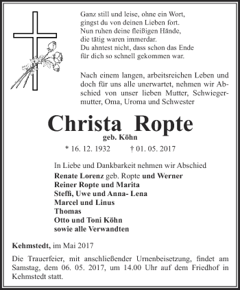 Traueranzeige von Christa Ropte von Thüringer Allgemeine