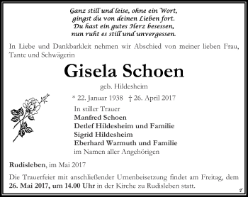 Traueranzeige von Gisela Schoen von Thüringer Allgemeine