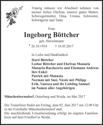 Traueranzeige von Ingeborg Böttcher von Ostthüringer Zeitung