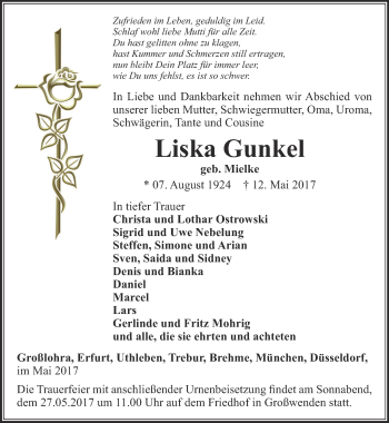 Traueranzeige von Liska Gunkel von Thüringer Allgemeine