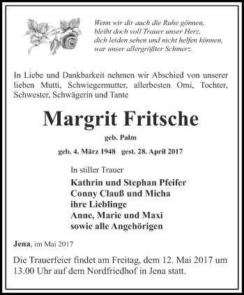 Traueranzeige von Margrit Fritsche von Ostthüringer Zeitung, Thüringische Landeszeitung