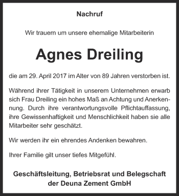 Traueranzeige von Agnes Dreiling von Thüringer Allgemeine