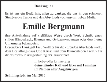 Traueranzeige von Emilie Bergmann von Thüringer Allgemeine