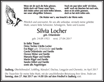 Traueranzeige von Silvia Locher von Ostthüringer Zeitung