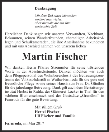 Traueranzeige von Martin Fischer von Thüringer Allgemeine, Thüringische Landeszeitung