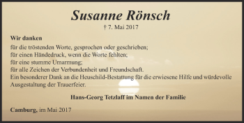 Traueranzeige von Susanne Rönsch von Ostthüringer Zeitung, Thüringische Landeszeitung