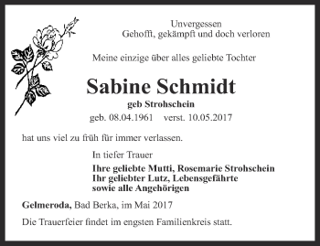 Traueranzeige von Sabine Schmidt von Thüringer Allgemeine, Thüringische Landeszeitung