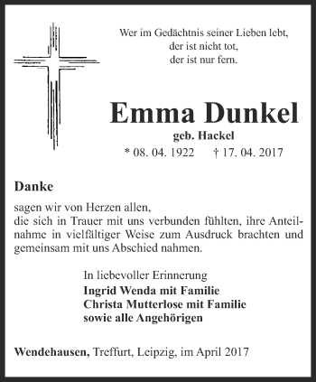 Traueranzeige von Emma Dunkel von Thüringer Allgemeine, Thüringische Landeszeitung