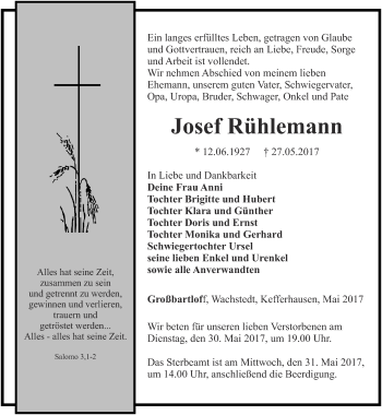 Traueranzeige von Josef Rühlemann von Thüringer Allgemeine