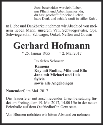 Traueranzeige von Gerhard Hofmann von Ostthüringer Zeitung