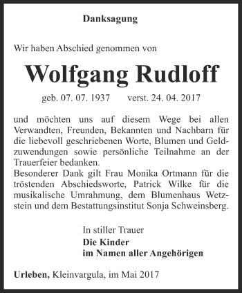 Traueranzeige von Wolfgang Rudloff von Thüringer Allgemeine, Thüringische Landeszeitung