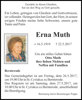 Traueranzeige von Erna Muth von Thüringer Allgemeine