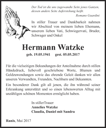 Traueranzeige von Hermann Watzke von Ostthüringer Zeitung