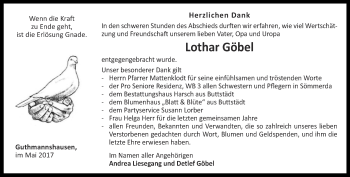 Traueranzeige von Lothar Göbel von Thüringer Allgemeine