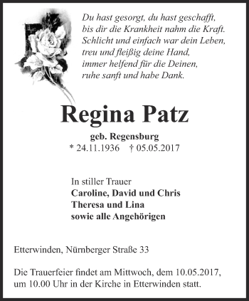 Traueranzeige von Regina Patz von Thüringer Allgemeine, Thüringische Landeszeitung