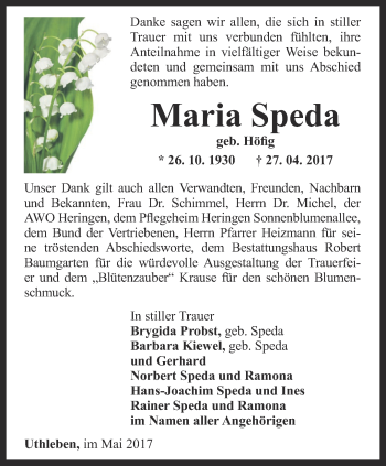 Traueranzeige von Maria Speda von Thüringer Allgemeine