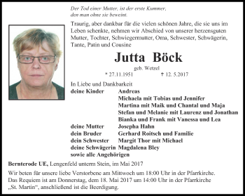 Traueranzeige von Jutta Böck von Thüringer Allgemeine