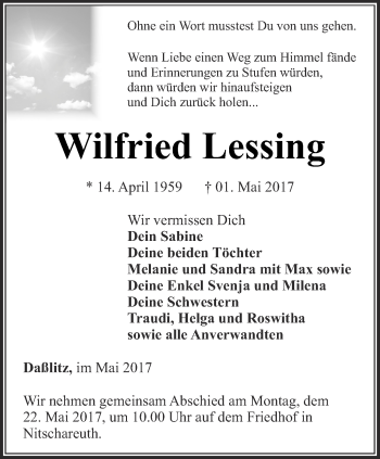 Traueranzeige von Wilfried Lessing von Ostthüringer Zeitung