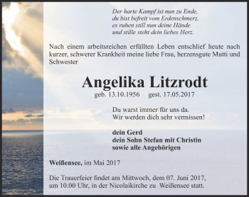 Traueranzeige von Angelika Litzrodt von Thüringer Allgemeine