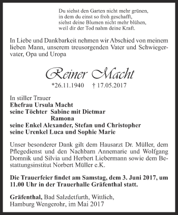 Traueranzeige von Reiner Macht von Ostthüringer Zeitung