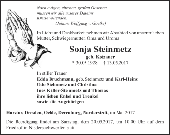 Traueranzeige von Sonja Steinmetz von Thüringer Allgemeine