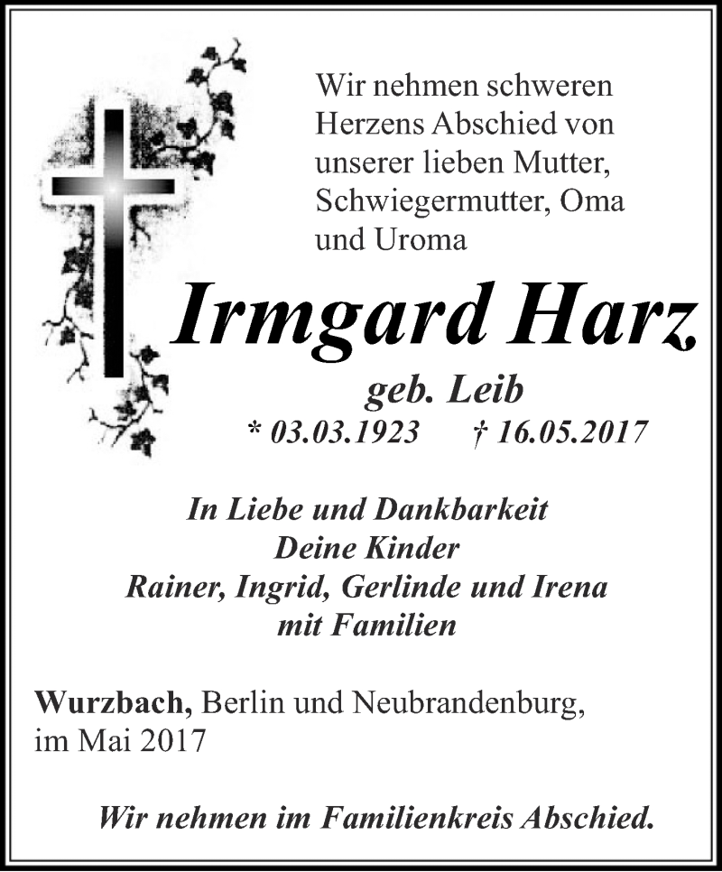  Traueranzeige für Irmgard Harz vom 20.05.2017 aus Ostthüringer Zeitung
