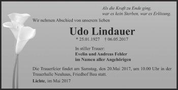 Traueranzeige von Udo Lindauer von Ostthüringer Zeitung