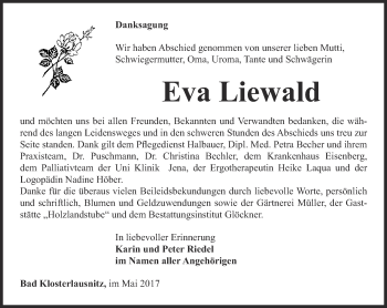 Traueranzeige von Eva Liewald von Ostthüringer Zeitung