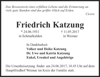 Traueranzeige von Friedrich Katzung von Thüringer Allgemeine, Thüringische Landeszeitung