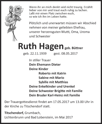 Traueranzeige von Ruth Hagen von Ostthüringer Zeitung