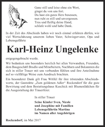 Traueranzeige von Karl-Heinz Ungelenke von Ostthüringer Zeitung