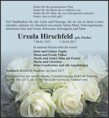 Traueranzeige von Ursula Hirschfeld von Thüringer Allgemeine