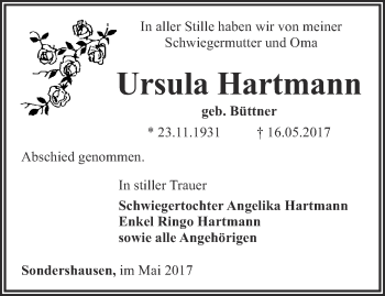 Traueranzeige von Ursula Hartmann von Thüringer Allgemeine