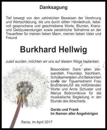 Traueranzeige von Burkhard Hellwig von Ostthüringer Zeitung