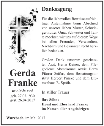 Traueranzeige von Gerda Franke von Ostthüringer Zeitung