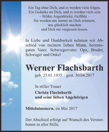 Traueranzeige von Werner Flachsbarth von Thüringer Allgemeine, Thüringische Landeszeitung