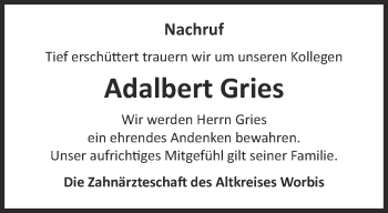 Traueranzeige von Adalbert Gries von Thüringer Allgemeine