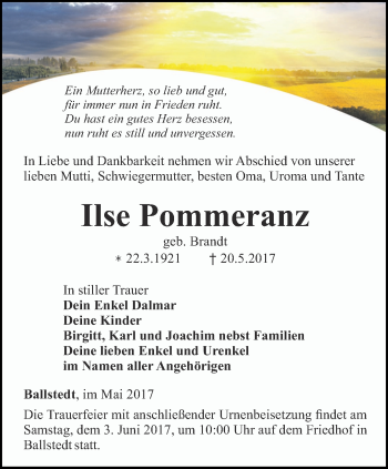 Traueranzeige von Ilse Pommeranz von Thüringer Allgemeine, Thüringische Landeszeitung