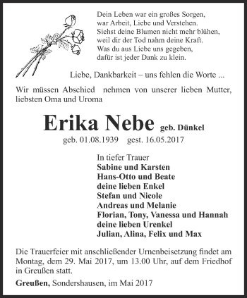 Traueranzeige von Erika Nebe von Thüringer Allgemeine