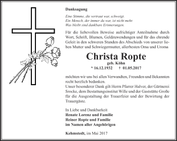 Traueranzeige von Christa Ropte von Thüringer Allgemeine