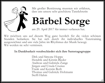 Traueranzeige von Bärbel Sorge von Thüringer Allgemeine