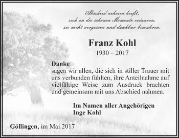 Traueranzeige von Franz Kohl von Thüringer Allgemeine
