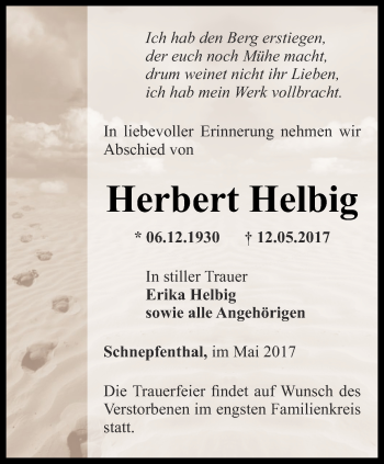 Traueranzeige von Herbert Helbig von Ostthüringer Zeitung, Thüringische Landeszeitung