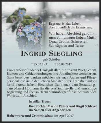 Traueranzeige von Ingrid Siegling von Ostthüringer Zeitung