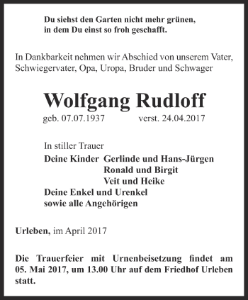 Traueranzeige von Wolfgang Rudloff von Thüringer Allgemeine, Thüringische Landeszeitung