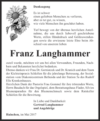 Traueranzeige von Franz Langhammer von Ostthüringer Zeitung