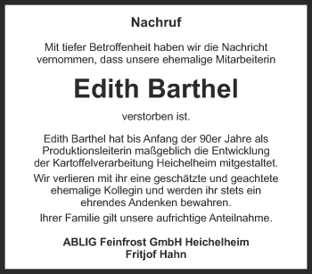 Traueranzeige von Edith Barthel von Thüringer Allgemeine, Thüringische Landeszeitung