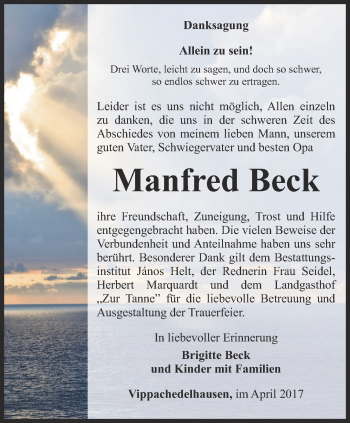 Traueranzeige von Manfred Beck von Thüringer Allgemeine, Thüringische Landeszeitung