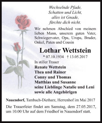 Traueranzeige von Lothar Wettstein von Ostthüringer Zeitung, Thüringische Landeszeitung