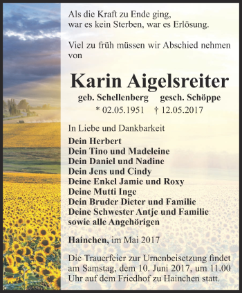 Traueranzeige von Karin Aigelsreiter von Ostthüringer Zeitung